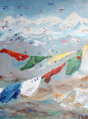 Peinture à l'huile contemporaine - Drapeaux de prières sur l'Himalaya