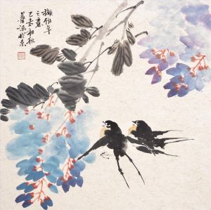 Guo Yihan œuvre - Deux hirondelles et fleur